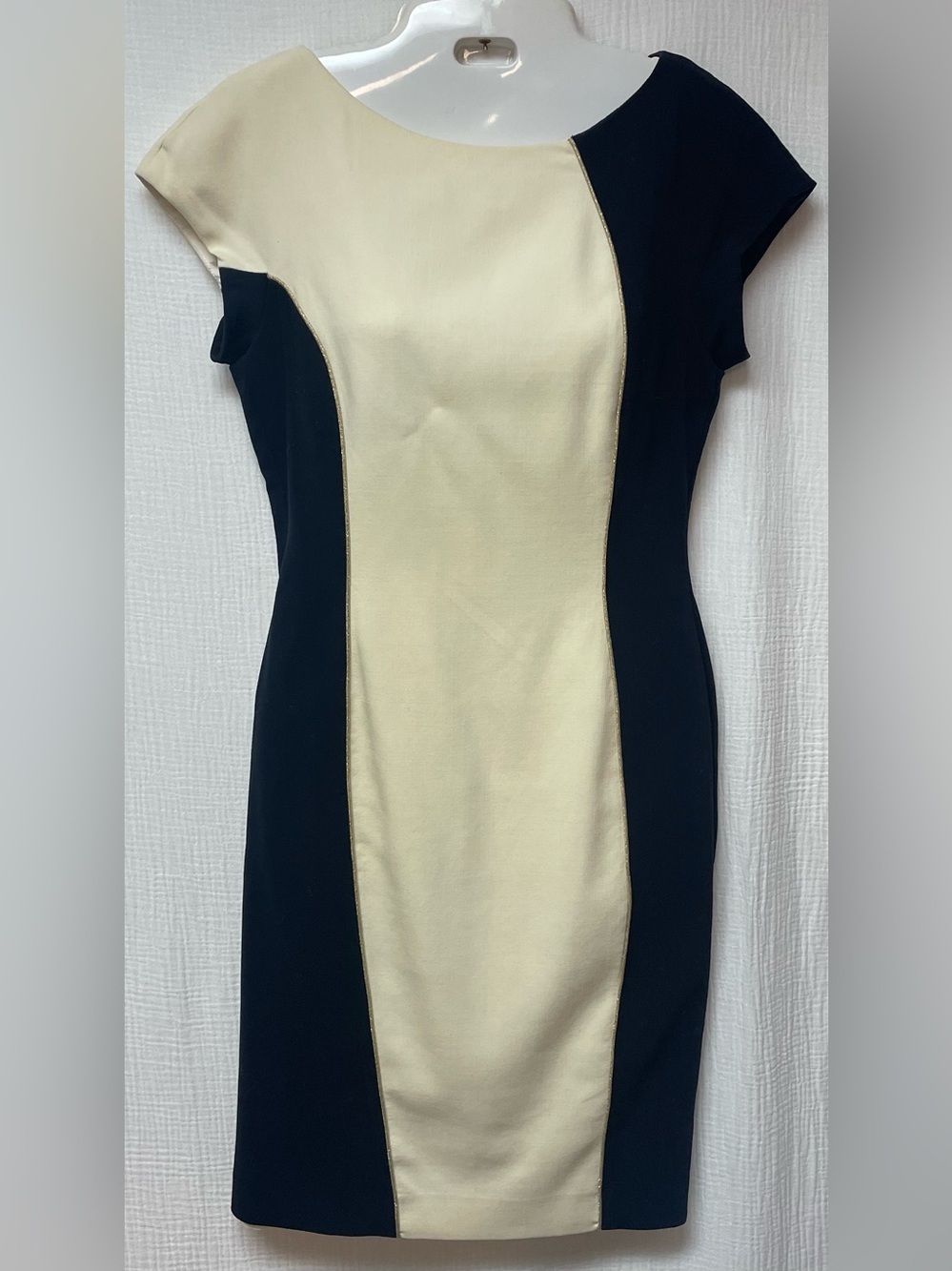 Escada Black and Cream Colorblock Midi Sheath Dress, Sz: 6